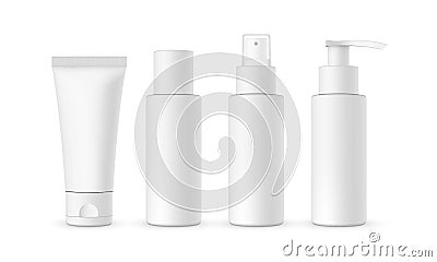 Blank cosmetic packaging mockup: tube, spray, bottle with press pump Cartoon Illustration